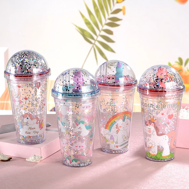 

450Ml Cartoon Cute Unicorn Plastic Double Wall Straw With Cover Straw Tumbler