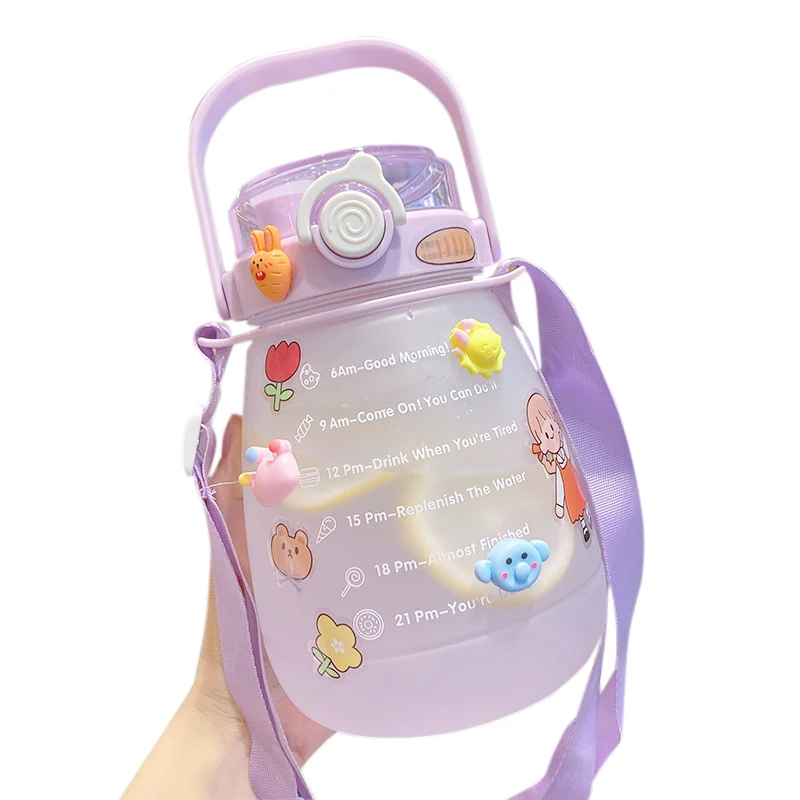 

1300ml cute reusable transparent bpa free kids with straw plastic water bottle with time marker custom logo