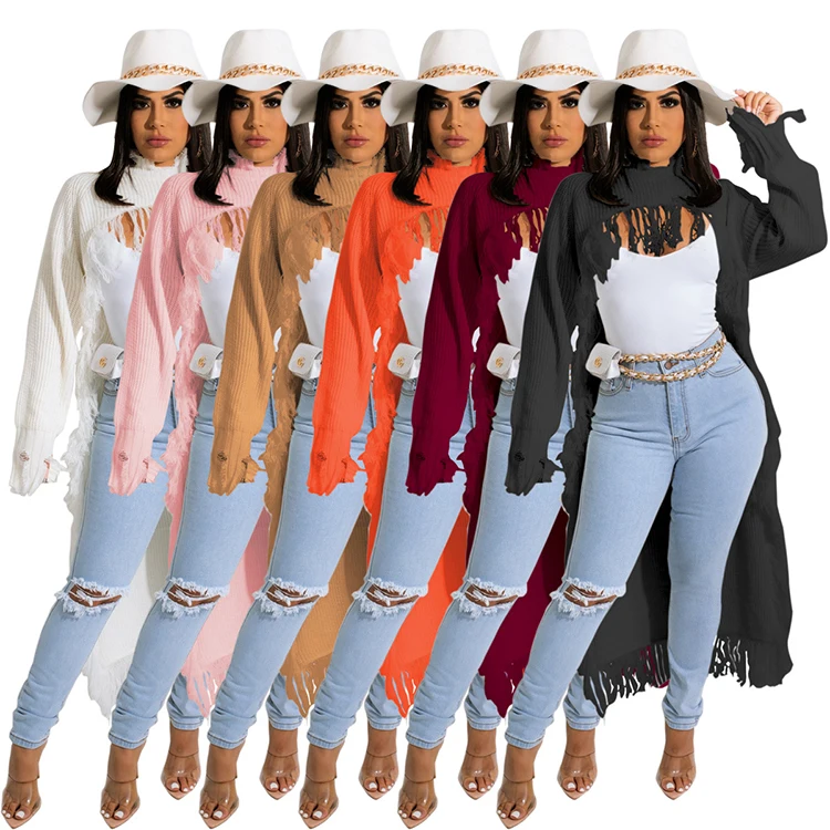 

TS1188 Fashion Asymmetrical Fringed Winter Sweater Women Long Sweaters Women Tops
