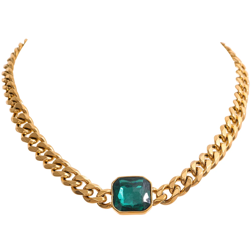 

JINYOU 084 Hyperbolic 18k Gold Thick Cuban Link Chain Green Crystal Texture Stainless Steel Statement Necklace Fashion Jewelry