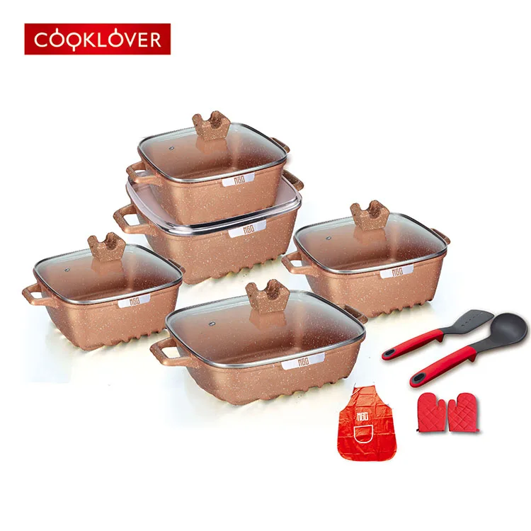 

15pcs die casting non-stick square ceramic coating cookware set, Black/white/copper