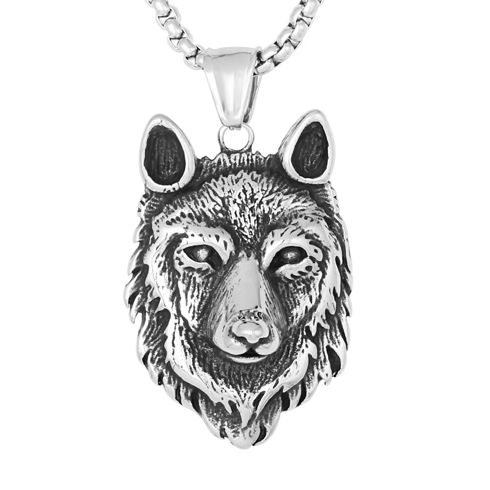 

Nordic Punk Style 3D Mockup Stainless Steel Animal Wolf Head Pendant Necklace