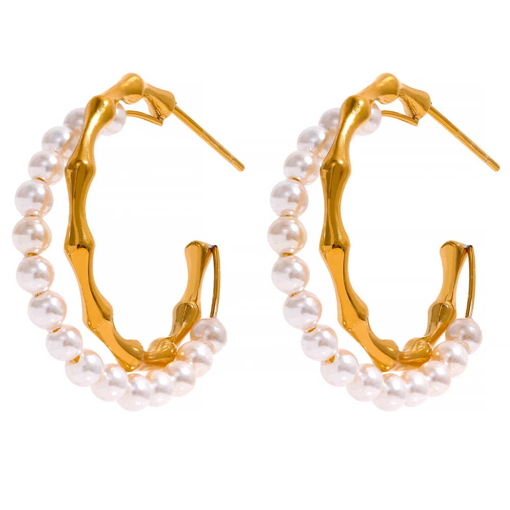 

JINYOU 304 Texture Elegant Imitation Pearls Stainless Steel Hoop Earrings 18k Gold Plated Bamboo Temperament Trendy Jewelry