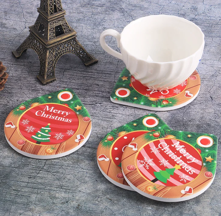

Christmas Heat Insulation Wooden Hand Grinding Non-Slip Drinks Coffee Waterproof Christmas Ceramics Mug Coaster, Red, green