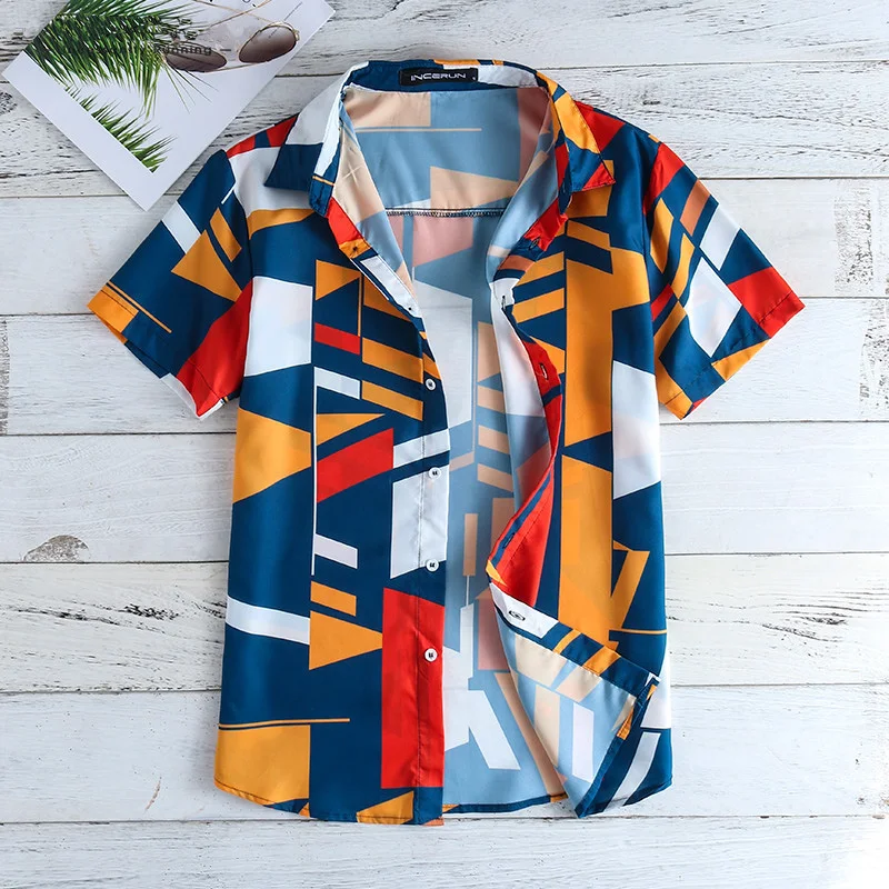 

Hot sale Holiday seaside wind Splicing t shirt geometric printed t-shirts for men summer shirt