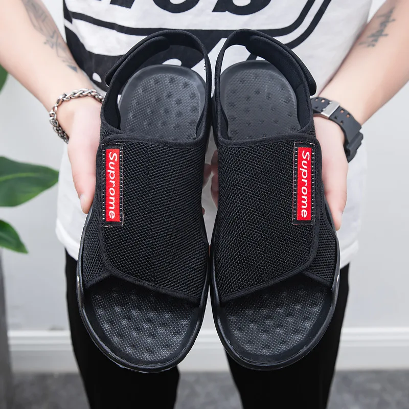 

Sandals beach soft sole comfortable mesh British breathable casual shoes men, Black