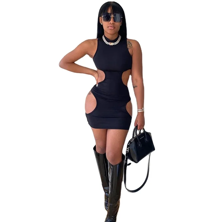 

Female Clothing Black Sexy Club Cut-Out Solid Color Dresses Mock Neck Bodycon Dress Sleeveless Short Mini Dress For Women -PT