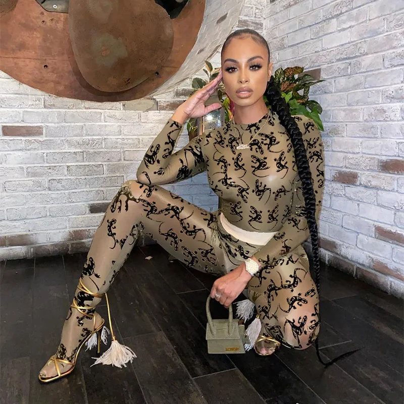 

S0017# New fashion printed mesh see through long sleeve shirt and pants suit two piece set women tracksuit sets