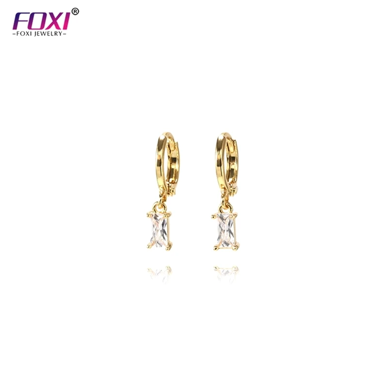 

Hot Style Women Gold Plated Rhinestone Baguette Charm Hoop Huggie Earrings