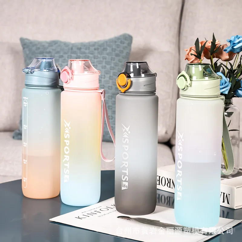 

New Trendy Men'S And Women'S Super-Capacity Motivational 1000Ml Frosted Gradient Bulk Plastic Water Bottles