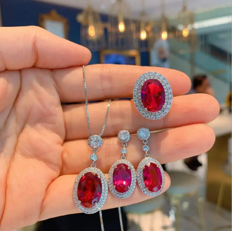 

luxury lady jewelry set cubic zircon gemstone vintage oval pendant necklace earring ring jewelry sets women