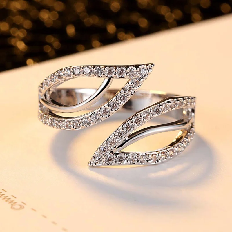 

Double leaf micro inlaid zircon opening wedding silver ring R79
