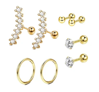 

Minimalist Gold Plated 4 pairs/set Zircon Earrings Stainless Steel Ball Arrow Needle Screw Ear Piercing Cartilage Stud Earring, Silver/gold/rose gold