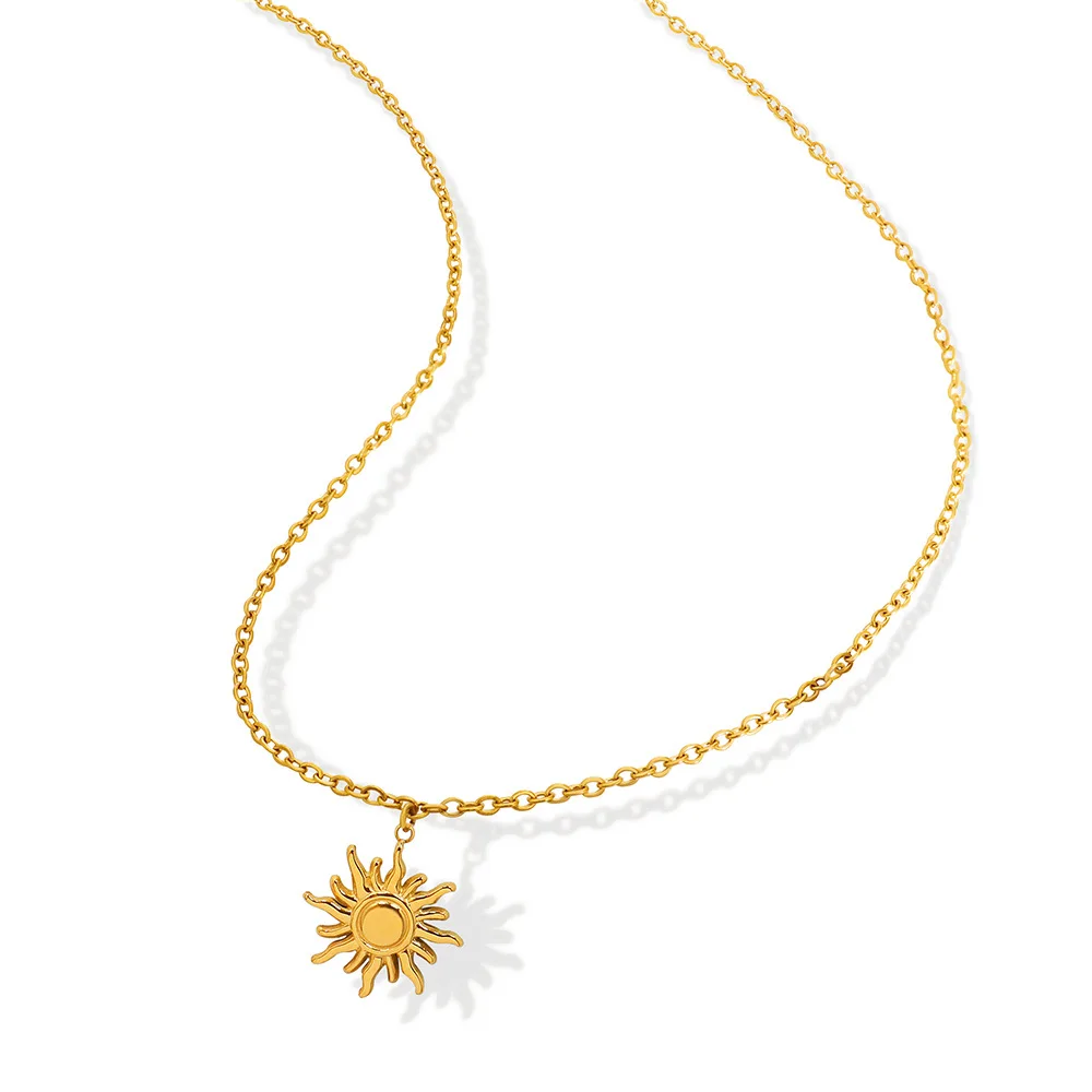 Waterproof & Tarnish Free 18K Gold Plated Sun Burst Pendant Stainless Steel Necklace Fashion Jewelry