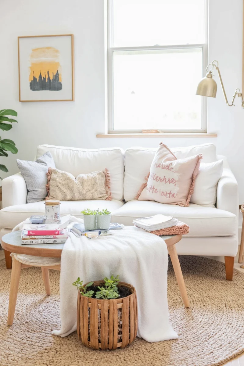 A colorful living room with playful accents and comfortable seating.