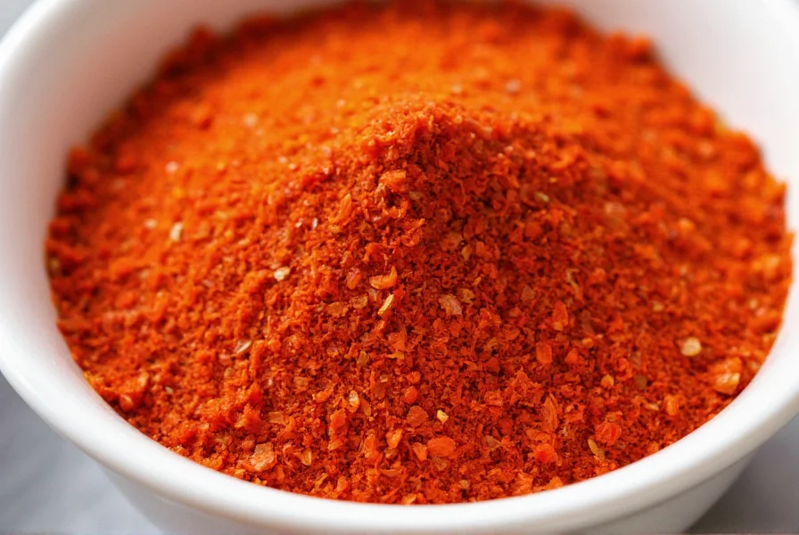 Close-up of authentic Korean red chili flakes (gochugaru) in a white bowl showing vibrant red color and flake texture