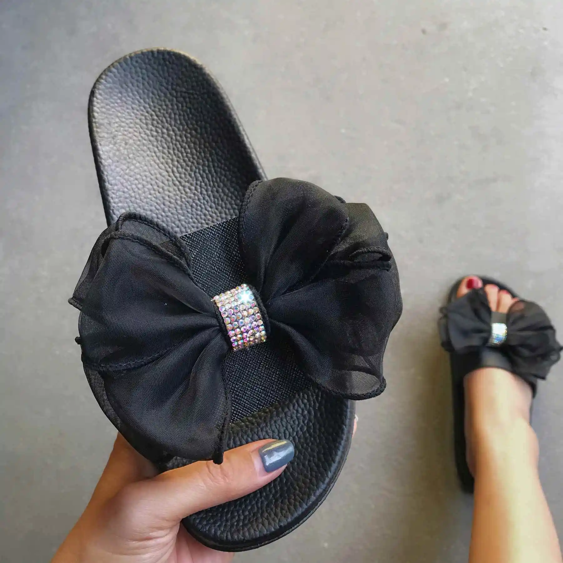 

BUSY GIRL QF2018 Fashion bow sandals flashing diamond craft shoes women's fur slippers womens fashion shoes slippers, Purple/red/blue/brown