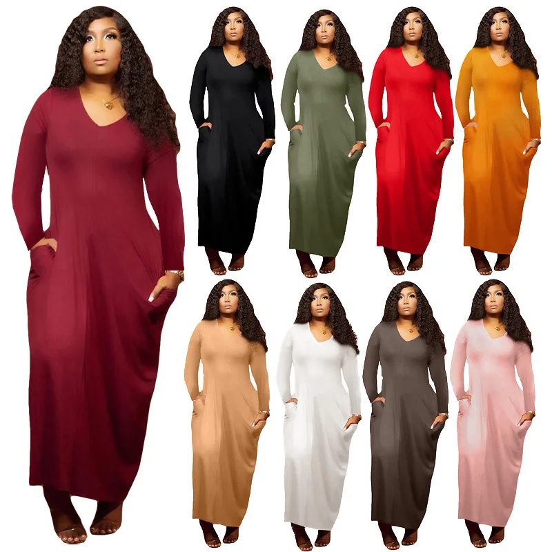 

Plus Size Womens Clothing Solid Color Sexy V Neck Elegant Casual Dresses Women Double Pockets Long Sleeve Dress