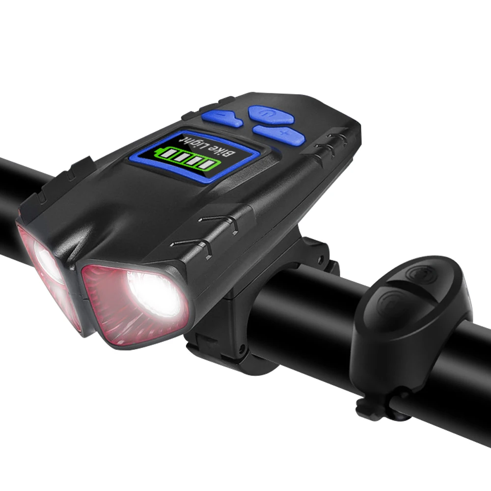 

New Super Bright High Waterproof Power Display Speaker Smart Safety USB Rechargeable Bicycle Front Light For Sale With Horn, Blue/red/black
