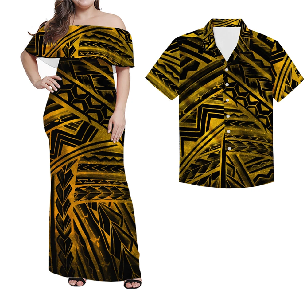 

Samoa Tribal Design Print Couple Clothing Plus Size 7XL Women Ruffle Off Shoulder Dress Match Men Shirts, Customized color