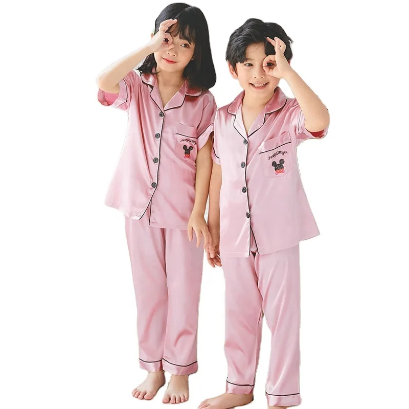 

Children Short Sleeve Long Pants Silk Pijama Satin Kids Pyjama Kids Pajamas Set Kids Home Wear Children Sleepwear, Pink/red/blue/yellow/purple/champagne