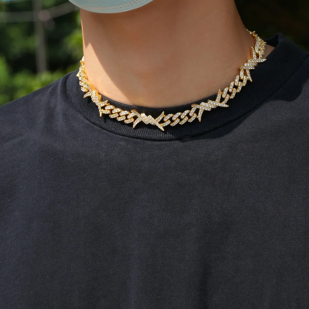 

2020 Wholesale New Hot Sale Hip Hop Iced Barbed Wired Chain Necklace Gold Full Cubic Zirconia Punk Jewelry Choker Necklace Men