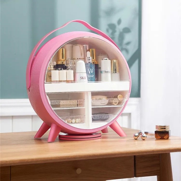 

Round Makeup Organizer Box Storage Led Mirror Makeup Organizer 360 Cosmetic, White or pink