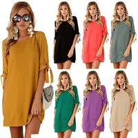 

New Fashion Women Wholesale New Style Round Neck Half Sleeve Solid Color Casual Dress Girls Short Dress