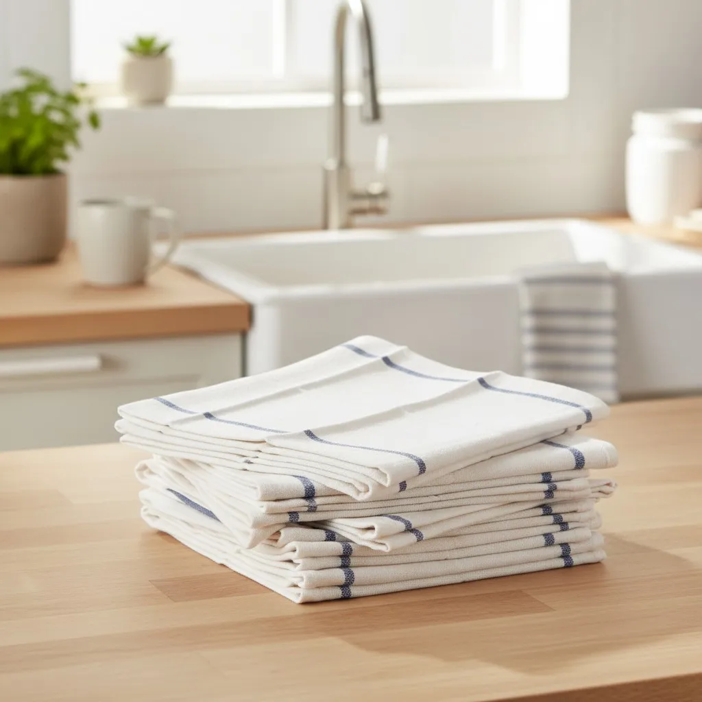 Stack of folded white cotton kitchen dish cloths with blue stripes on a wooden kitchen counter