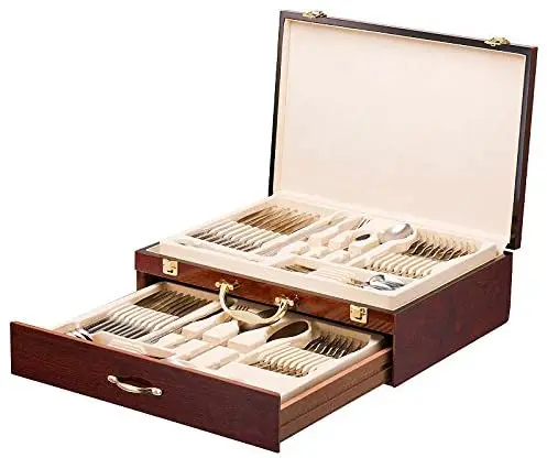 

Stock 84pcs flatware dinner set royal gifts dinnerware tableware gold plated stainless steel 72pcs cutlery set with wooden box, Customized