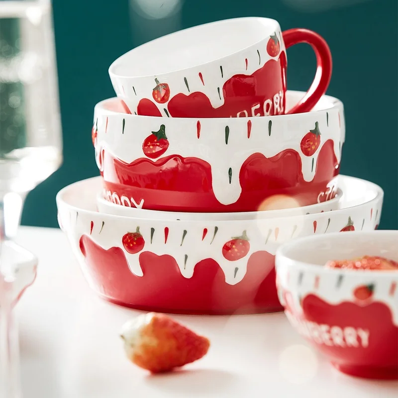 

Strawberry ceramic creative tableware set cute girl heart oatmeal breakfast dessert cup baking bowl, Customized color