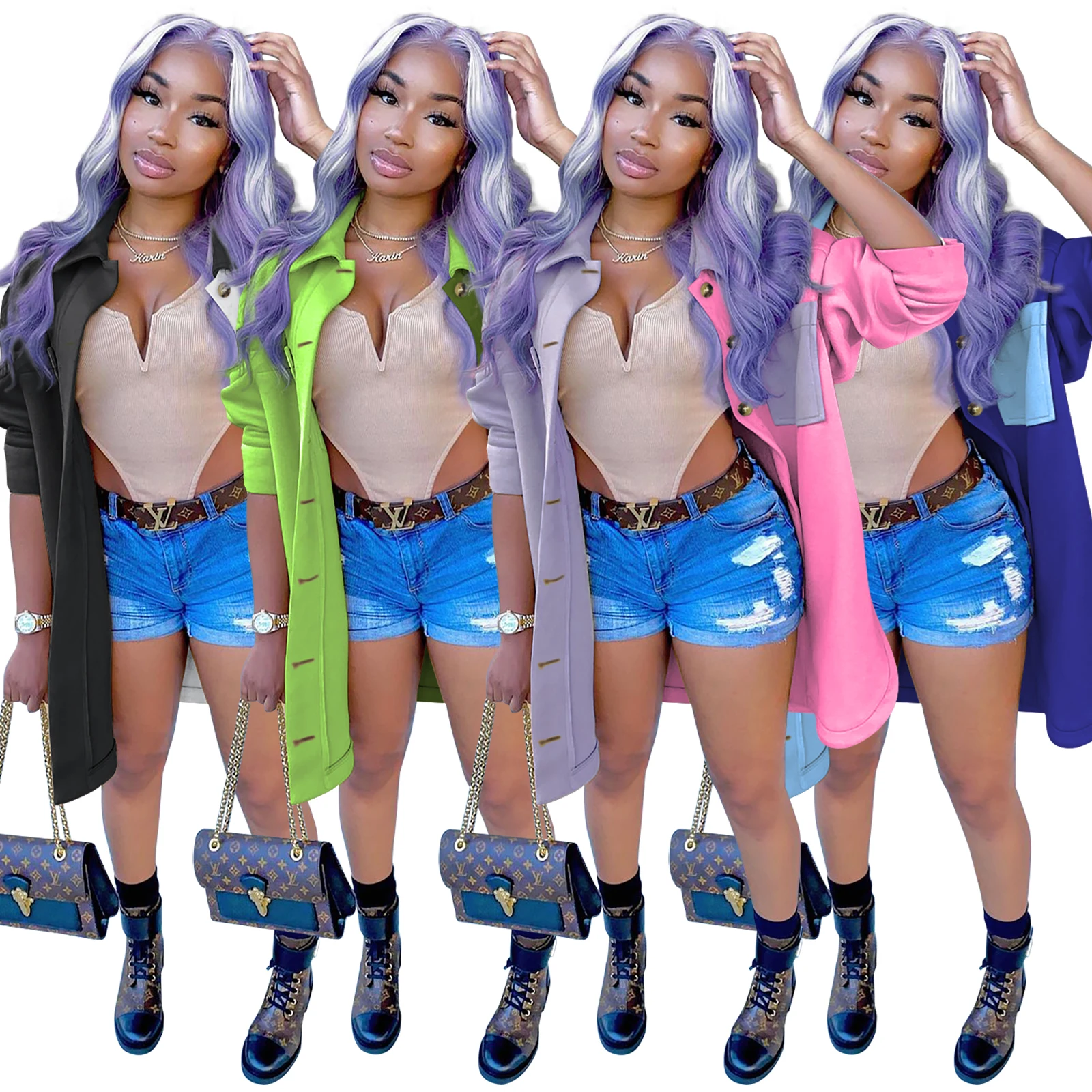 

Foma Clothing G0363 New style 2020 contrast color Woollen coat women long coat wholesale, Rose red