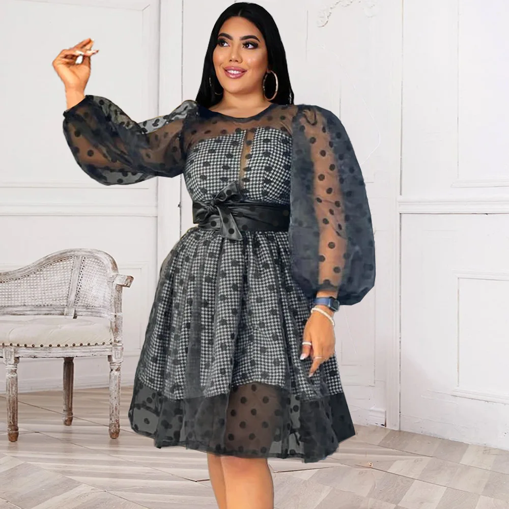 

Women Plus Polka Dot Print Puff Mesh Sleeve Dress