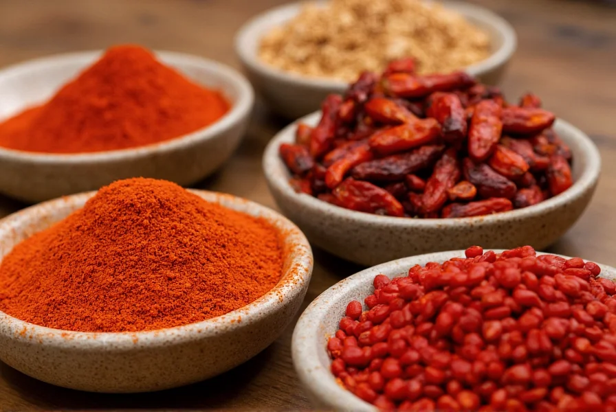 Close-up comparison of red pepper flakes alternatives including cayenne, paprika, and dried chilies arranged in small bowls