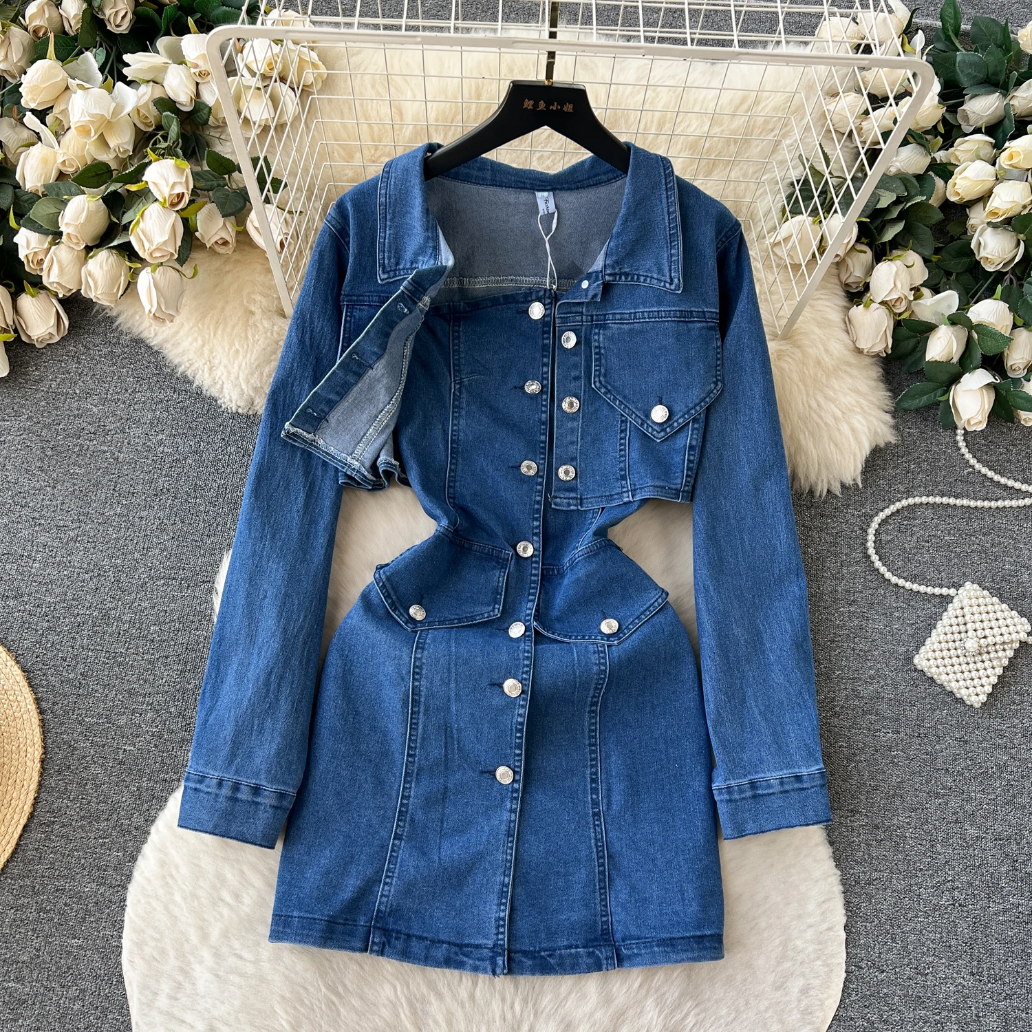

Autumn Y2K 2 Piece Set For Women Sleeveless Crop Top And Denim Dress Set American Clothing Wholesale