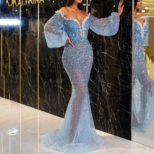 

SC8036 Hot SellingPuff Sleeve Mermaid Wedding Dresses Elegant Woman Long Party Dress Prom Sequin Evening Dresses