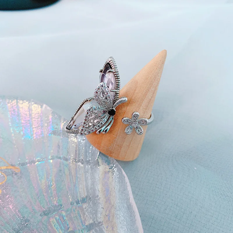 

Flower Butterfly Open Rings New Trends Jewelry Personality Crystal Big Ring Adjustable For Women