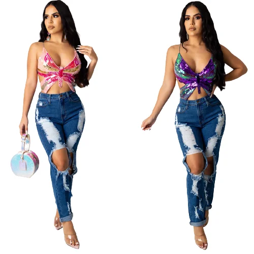 

Halter Y2K Crop Tops Women's Butterfly-shaped Sequined Sexy Deep V-neck Backless Sling Vest Camis Night Barwear 2021 Summer, Shown