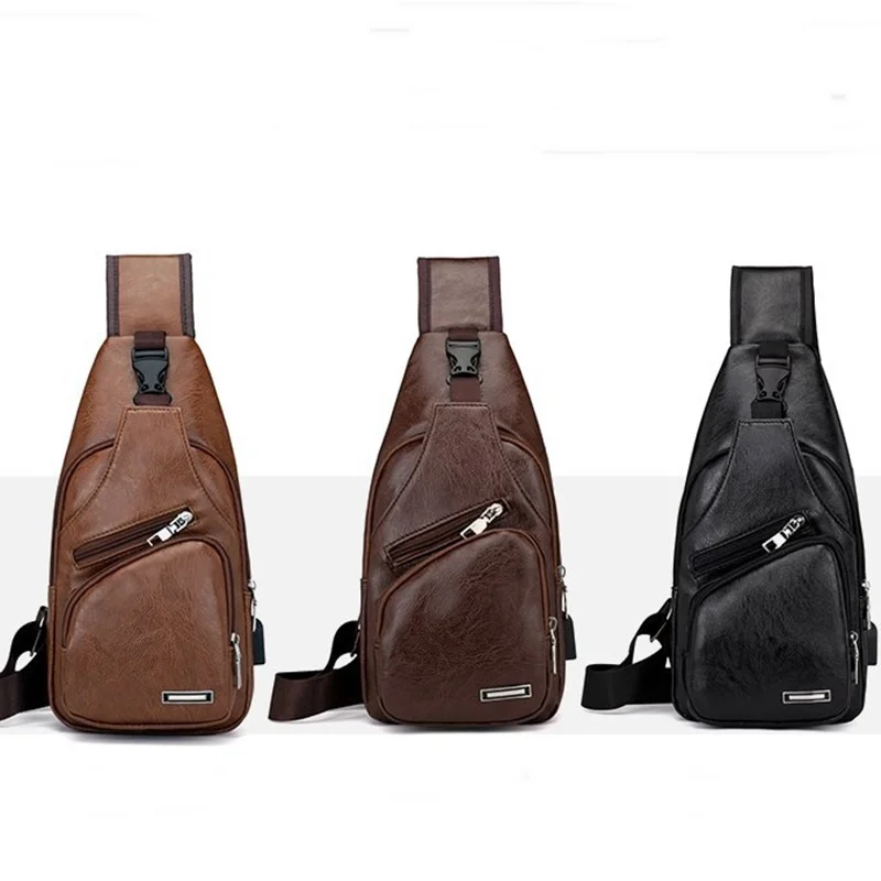 

Men Shoulder Bags USB Charging Crossbody Anti-theft Chest Bag PU Leather Travel backpack sports Shoulder Messenger Bags
