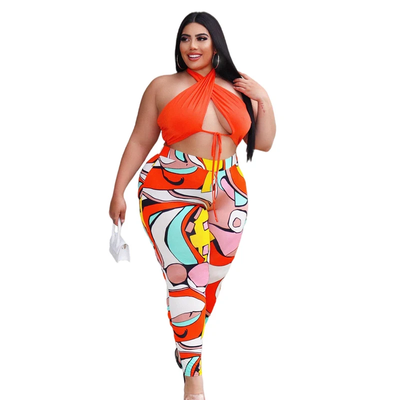 

C0404ME47 African Trendy Plus Size Halter Crop Top Geometric Pants 2-piece Set Sehe Fashion