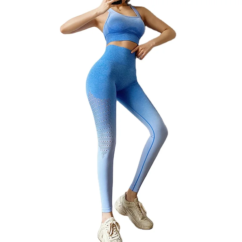 

Oem Gym Apparel Tights Pants Running Suit Yoga Set Breathable Seamless Sexy Bra Gradient Slim Wear Sports Fitness Clothing Women, As shown