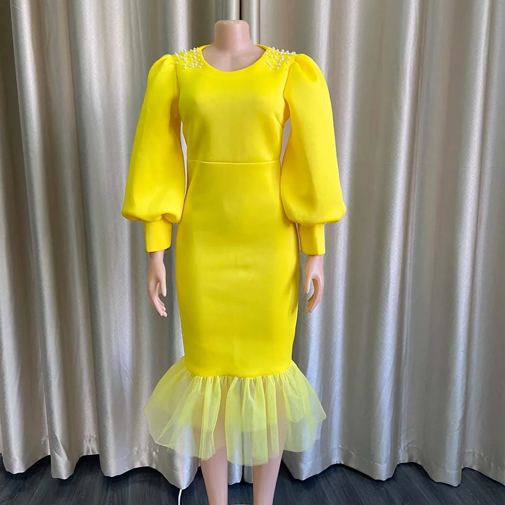 

2022 New Modest Evening Dress Women Puff Sleeves Pearls Elegant Ladies Mermaid Dresses Party Ruffles Mesh Solid Mid-calf she in