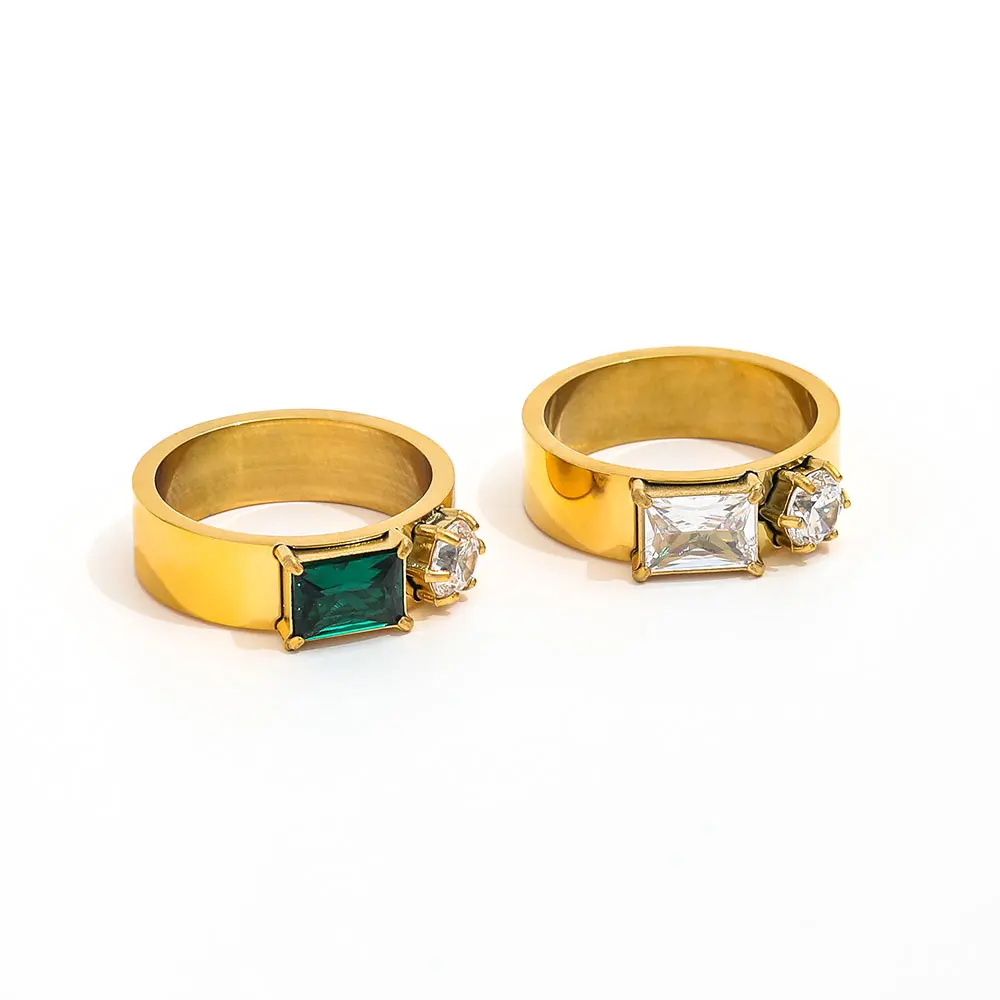 Joolim Jewelry Wholesale 18K Gold Plated CLear Green Two-tone Rectangle Zirconia Band Stainless Steel Ring for Women Gift