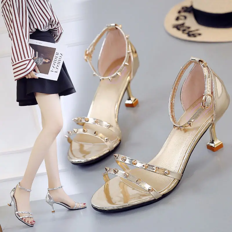 

2021 Latest fashion rivet Tangerine heeled sandals women shoe sexy wrapping ankle women high heels shoes, As picture shows