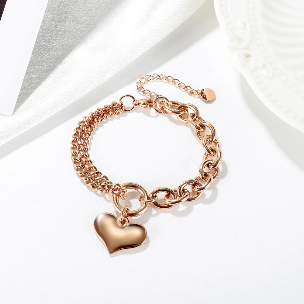 

New Arrival Stainless Steel Link Chain Heart Bracelet High Polished 316L Stainless Steel Double Layer Heart Bracelet