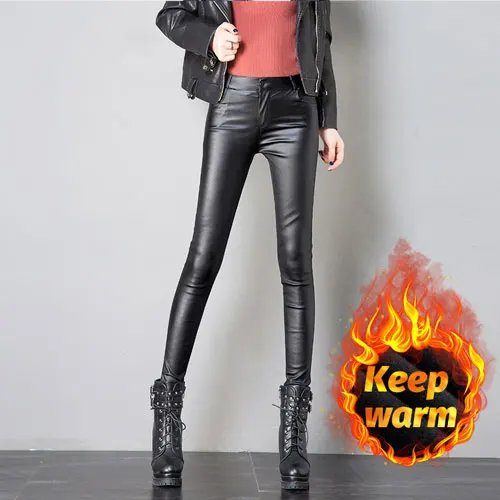 

Stretch Fleece Winter Pants Leather Women's Casual Pu Warm Female Pencil Velvet Trousers Slim Autumn High Waist Leather Pants, Black