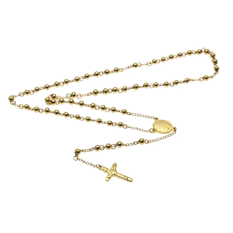 

Y196 Wholesale Collar De Acero Inoxidable PVD 18K Gold Plated 6mm Beaded Cross Pendant Rosary Necklace Fashion Jewelry Necklaces