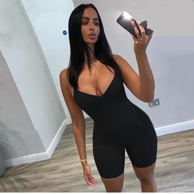 

In Stock fast delivery best quality summer sleeveless one piece slim V-neck strappy fitness romper short jumpsuit women