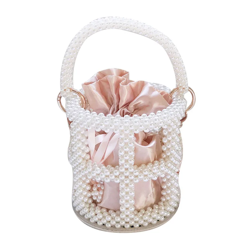 

Spot Handmade Beaded Bucket Bag Hollow Round Women's Handbag Imitation Pearl Bag, As shown