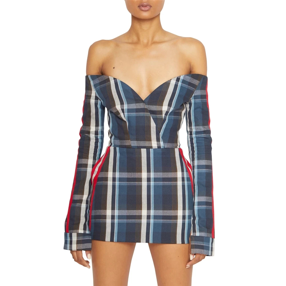 8170  New Strapless Sexy Dress Women Spring Off Shoulder Long Sleeve Casual Bodycon Dress Plaid printing Club Party Dress